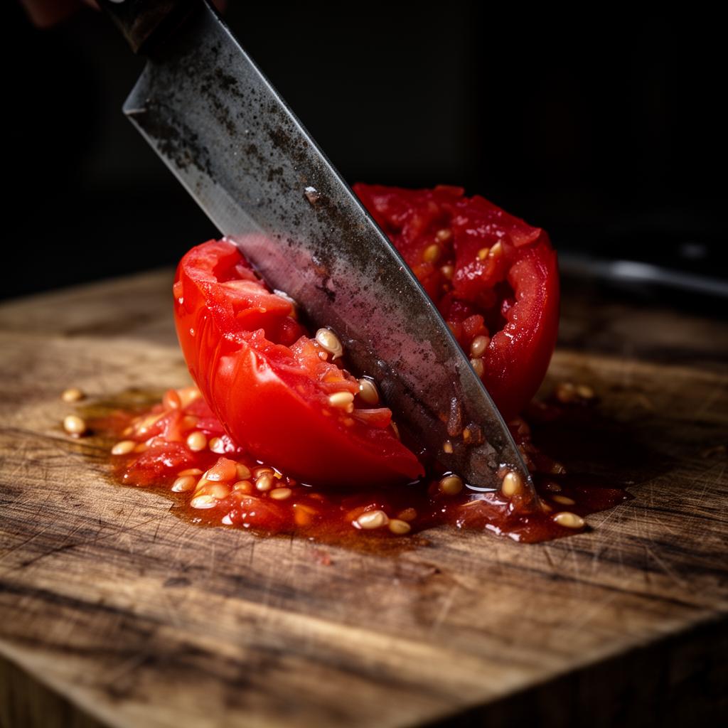 Dull knife crushing a ripe tomato on a wooden cutting board
